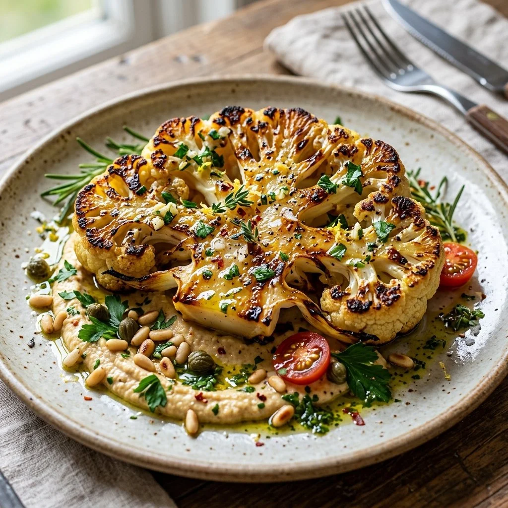 Grilled cauliflower steaks seasoned with herbs on a plate.