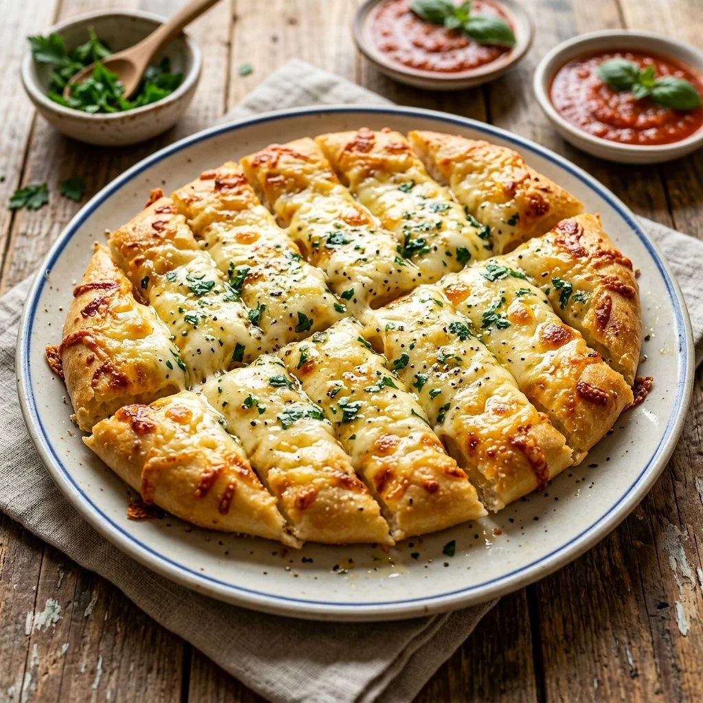 Cheesy garlic breadsticks served on a plate, garnished with parsley
