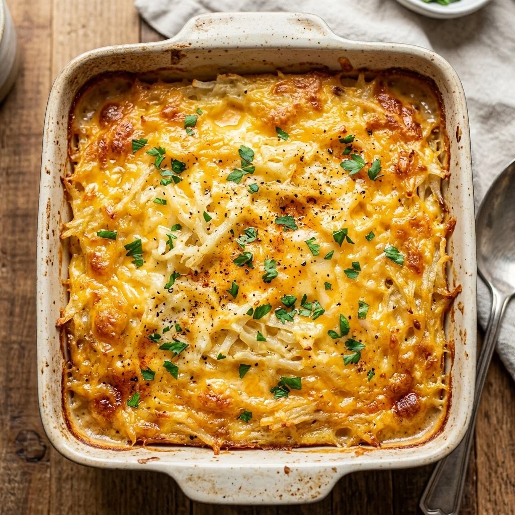 Cheesy hashbrown casserole topped with melted cheese and crispy edges.
