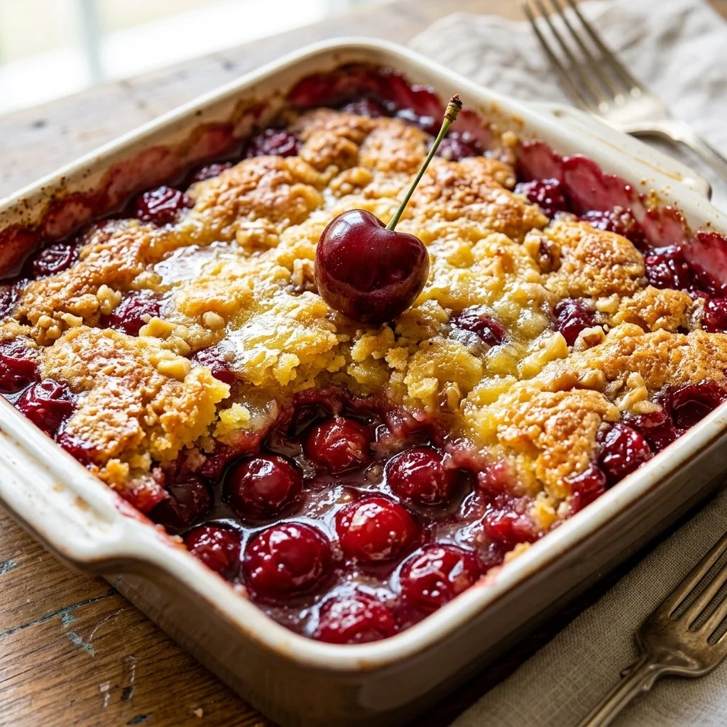 Delicious Cherry Dump Cake topped with whipped cream and cherries