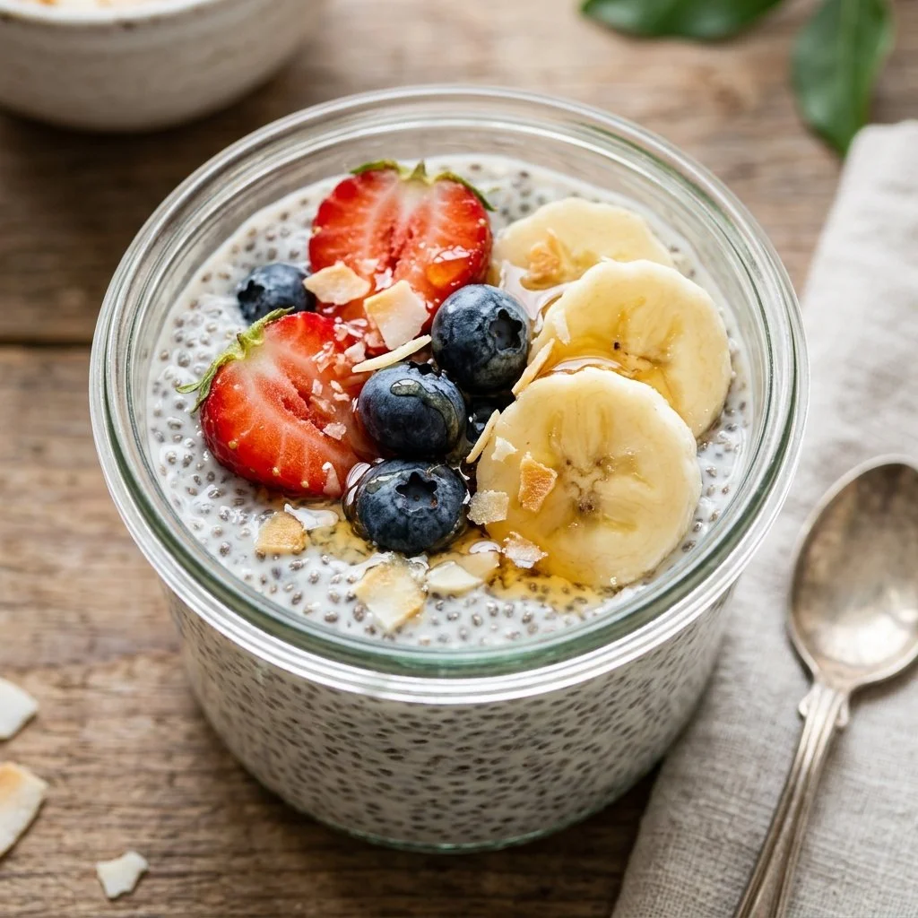 Creamy chia seed pudding topped with fruits and nuts in a glass bowl.