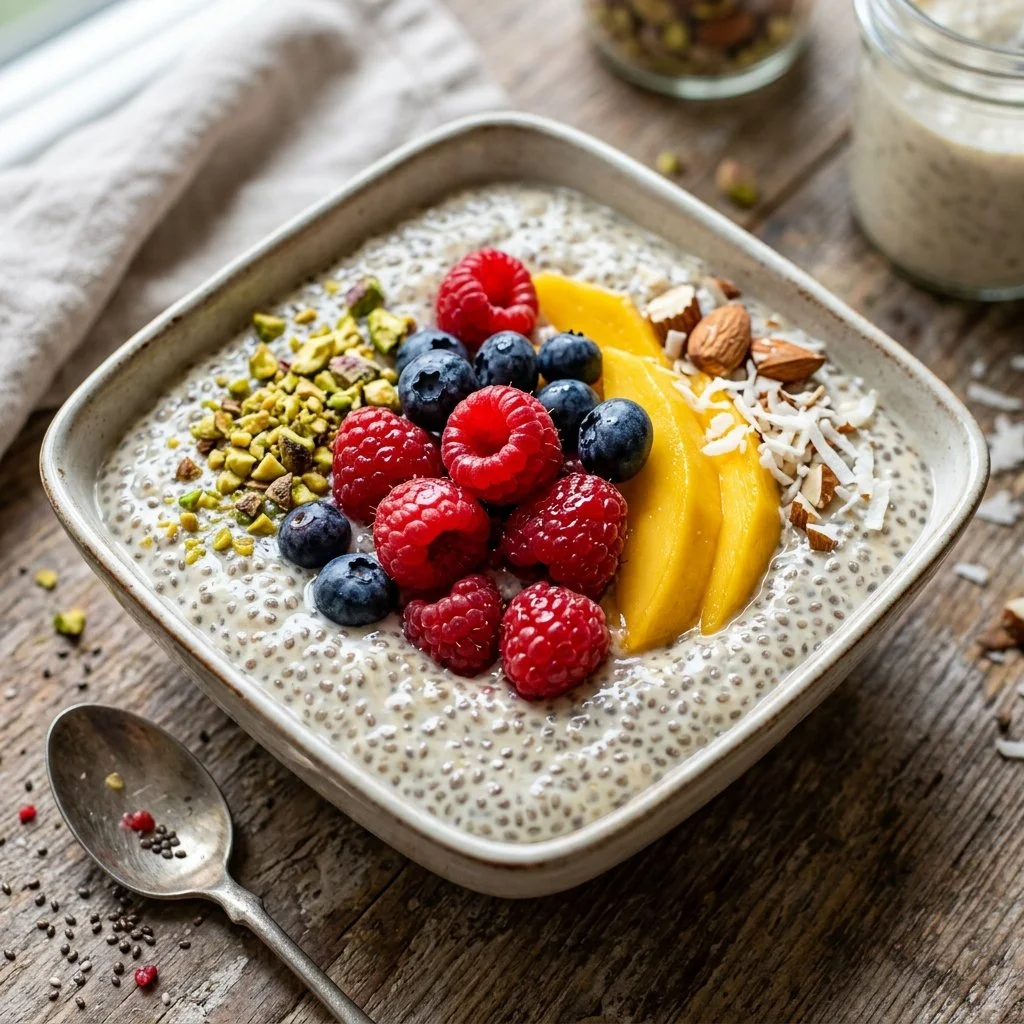 Delicious chia seed pudding topped with fresh fruits and nuts