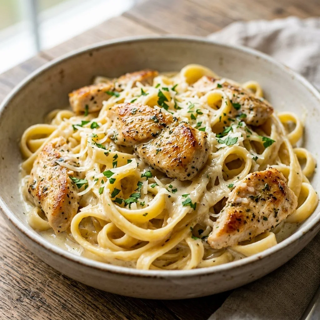 Delicious Chicken Alfredo pasta with grilled chicken and creamy sauce