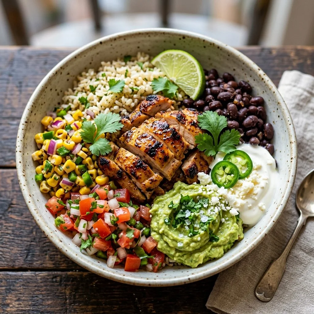 Delicious Chicken Burrito Bowls with fresh ingredients and vibrant toppings