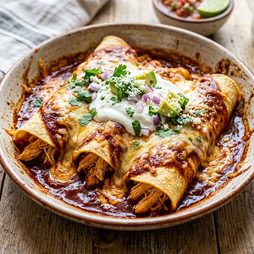 Delicious homemade chicken enchiladas served with salsa and cheese