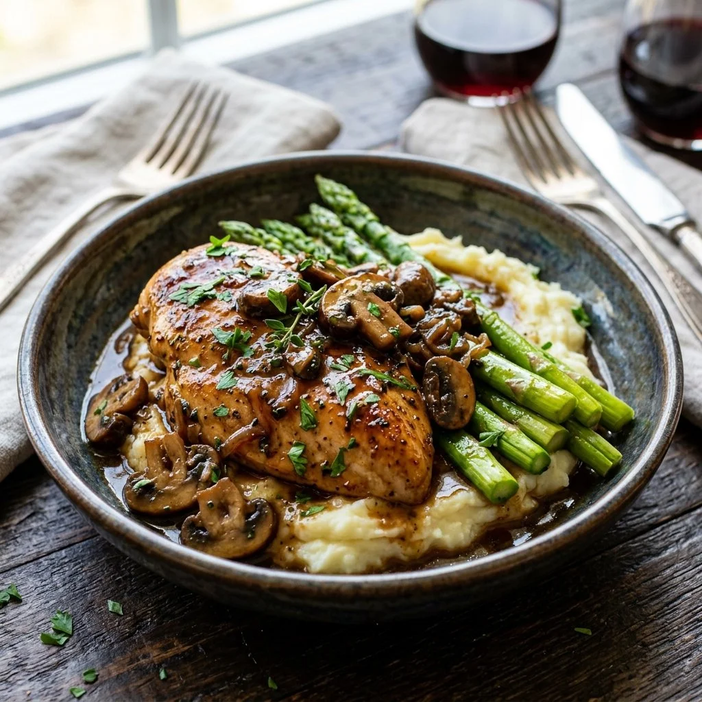 Delicious Chicken Madeira served with creamy mushroom sauce and herbs