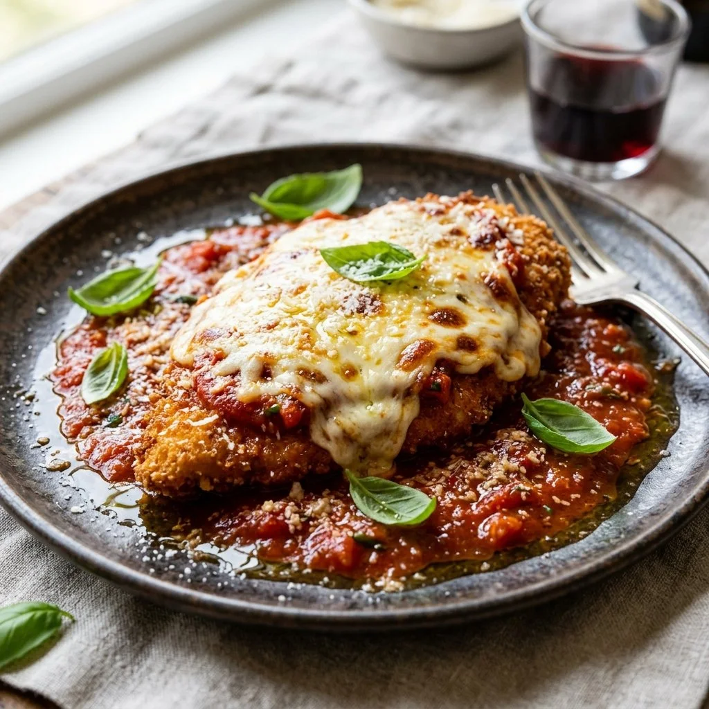 Delicious Chicken Parmesan with marinara sauce and melted cheese on a plate