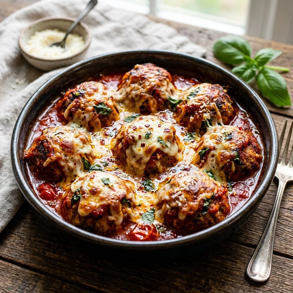 Chicken Parmesan Meatballs served with marinara sauce and cheese