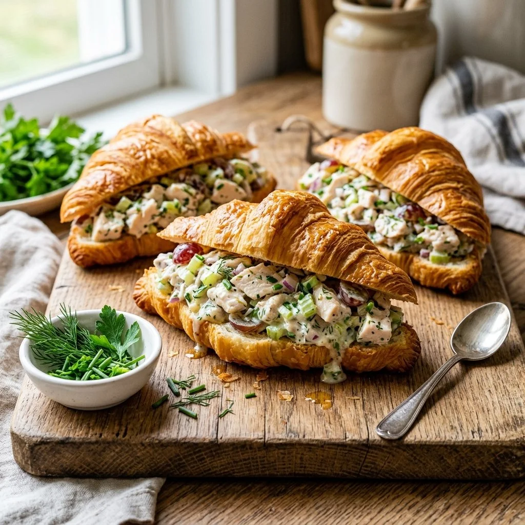 Chicken salad croissants filled with creamy chicken salad in a flaky croissant