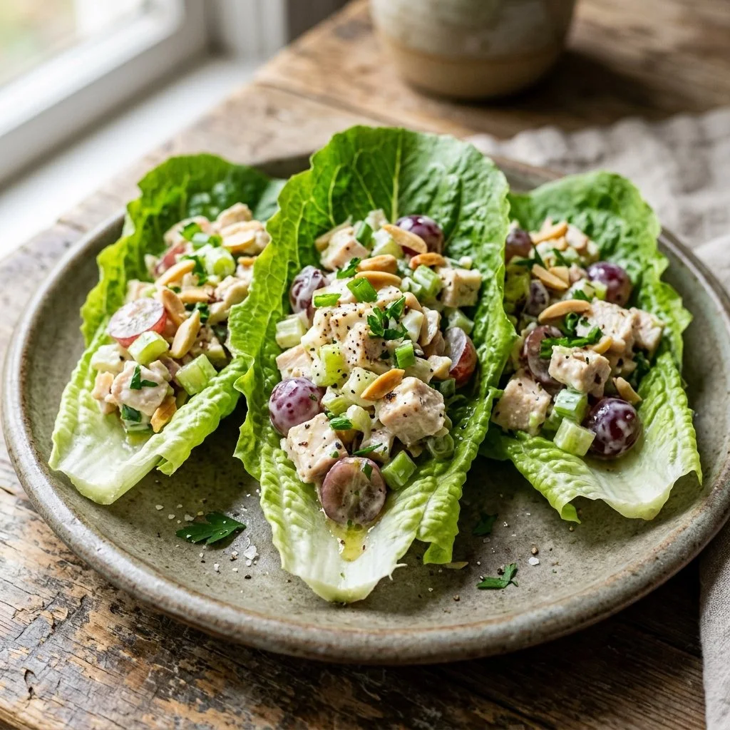 Healthy chicken salad lettuce wraps served with fresh toppings