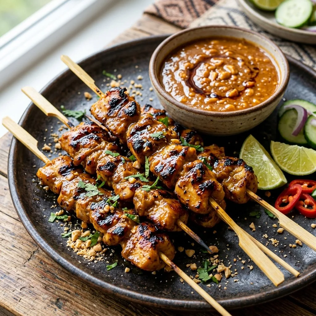Delicious Chicken Satay Skewers grilled to perfection with peanut sauce