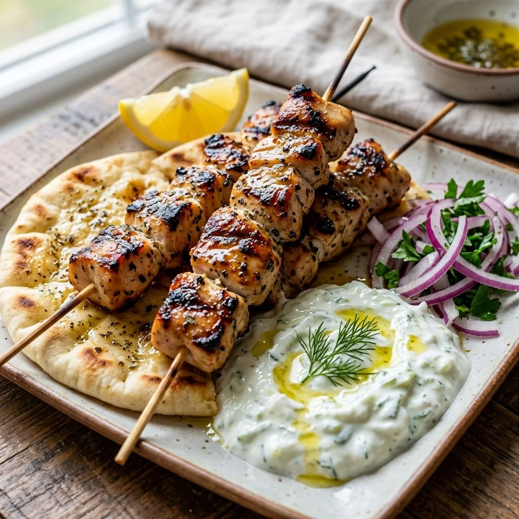 Delicious Chicken Souvlaki served with pita and fresh vegetables