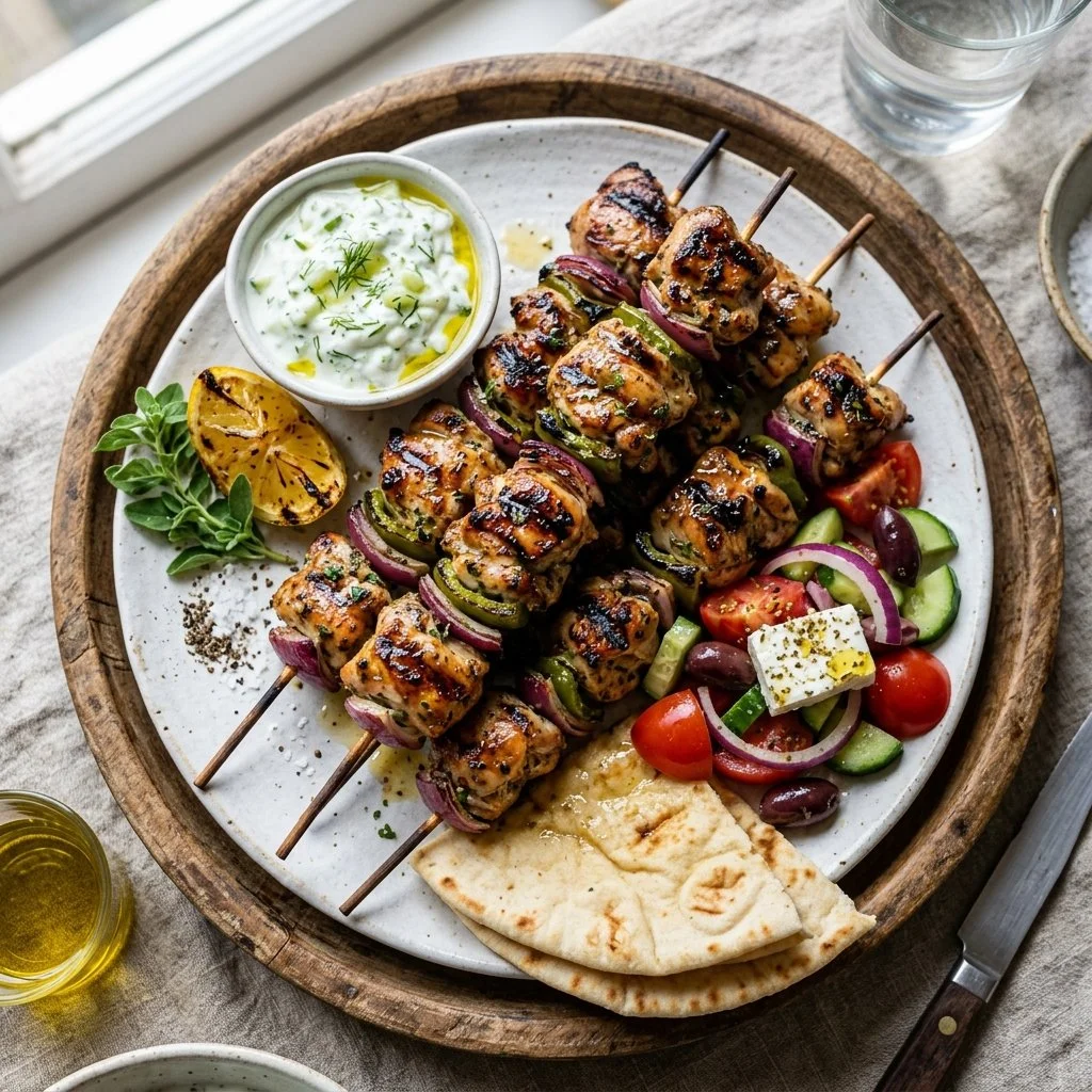 Delicious chicken souvlaki skewers, marinated and grilled to perfection.