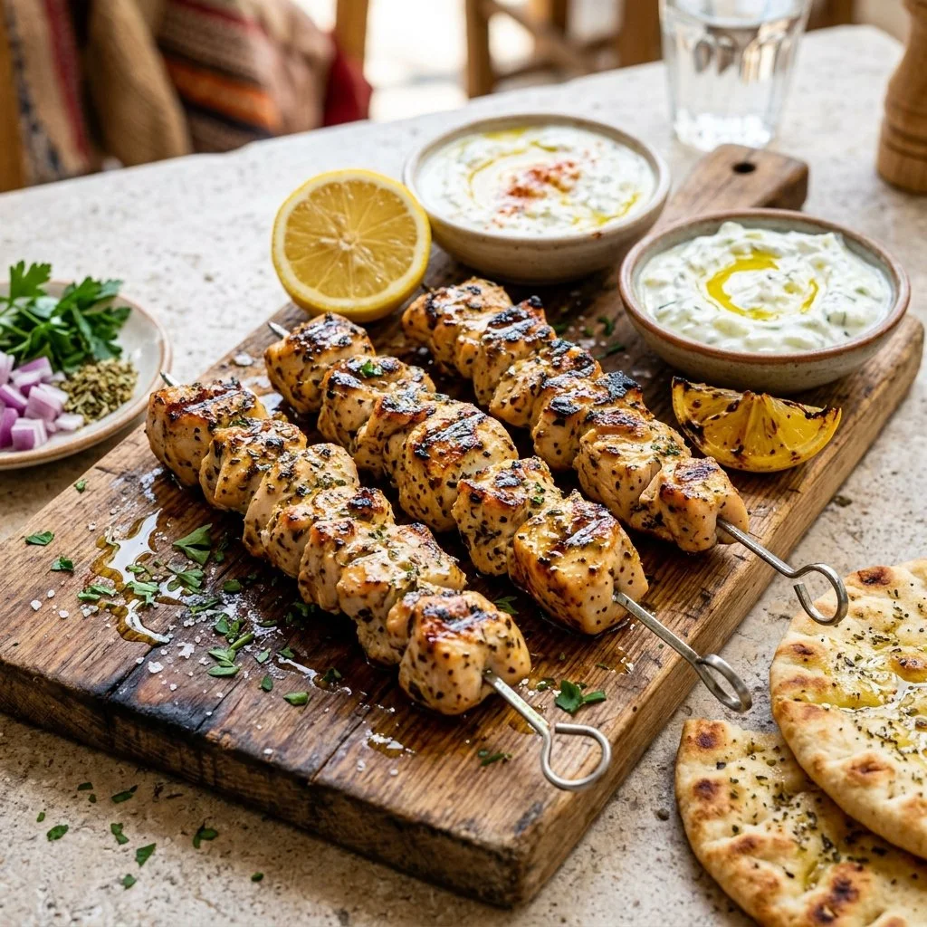 Grilled Chicken Souvlaki Skewers served with fresh vegetables and tzatziki sauce