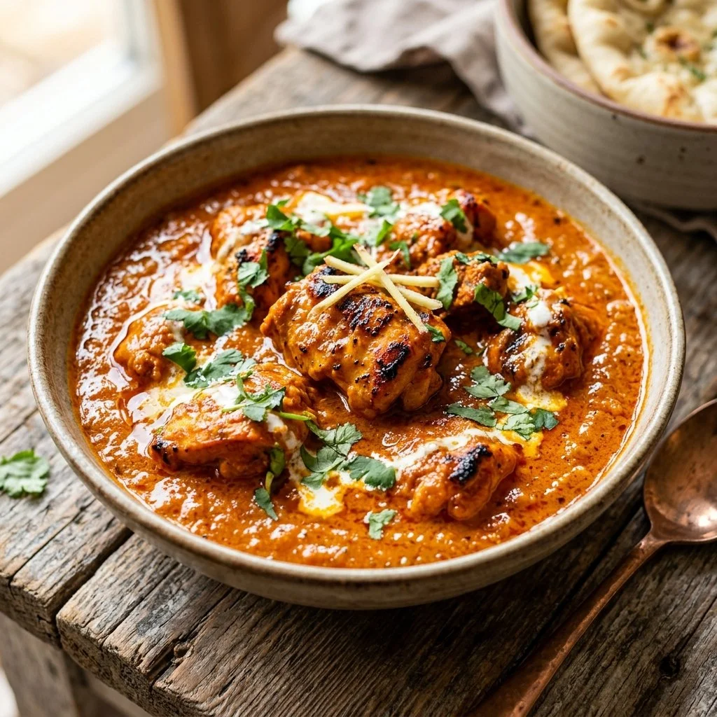 Delicious Chicken Tikka Masala served with rice and garnished with cilantro