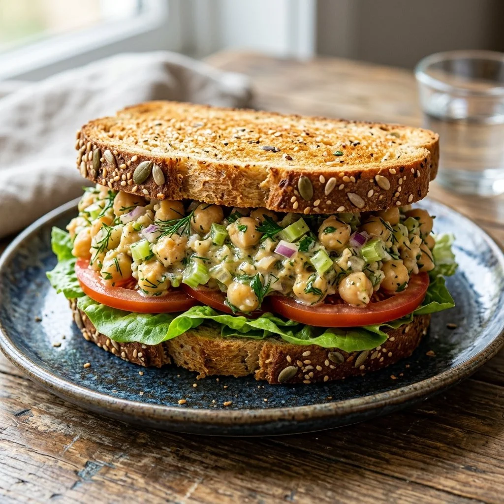 Chickpea salad sandwich with fresh vegetables and herbs on whole grain bread
