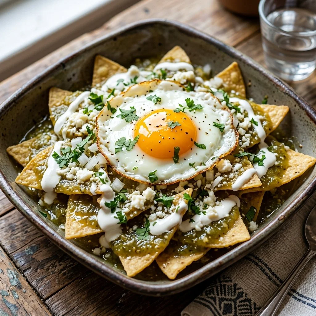 Plate of delicious Chilaquiles Verdes topped with avocado and cilantro