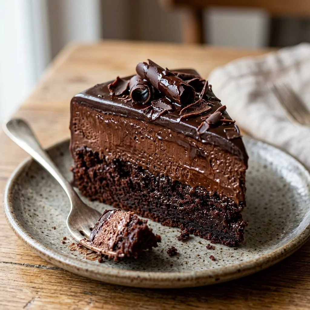 Deliciously creamy chocolate mousse cake topped with chocolate shavings.