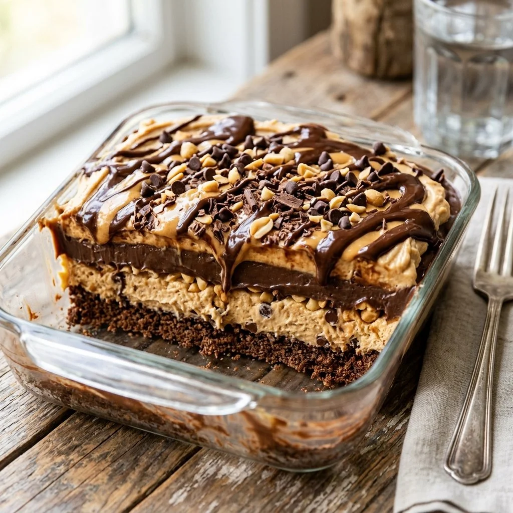 Delicious layer of chocolate peanut butter lasagna with creamy textures and rich flavors