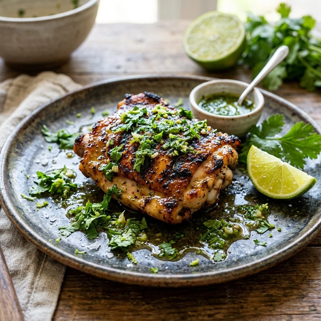 Juicy cilantro lime chicken garnished with fresh cilantro and lime slices