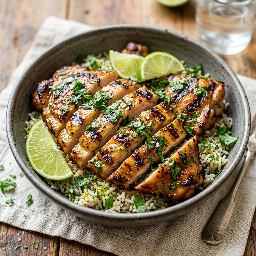 Delicious cilantro lime chicken dish garnished with fresh cilantro and lime wedges.