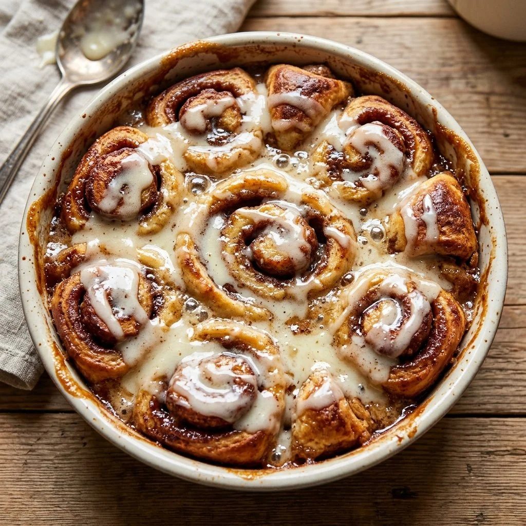 Delicious cinnamon roll casserole fresh out of the oven, topped with icing.
