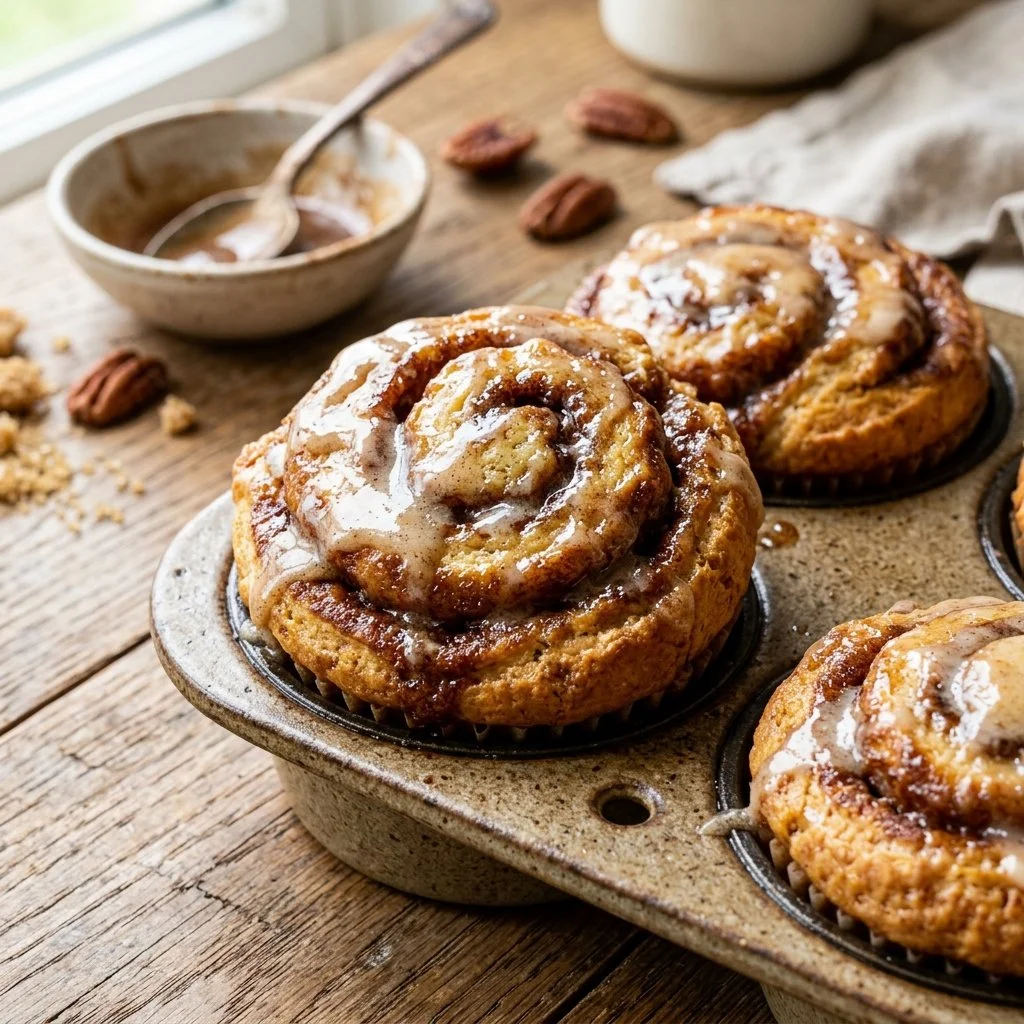 Freshly baked Cinnamon Roll Muffins topped with sweet glaze and cinnamon
