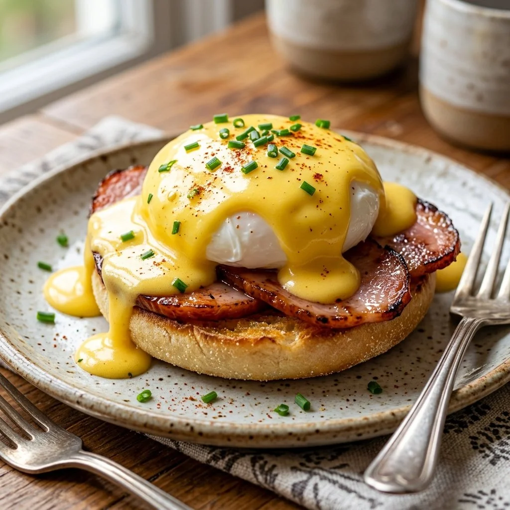 Delicious Classic Eggs Benedict topped with creamy hollandaise sauce