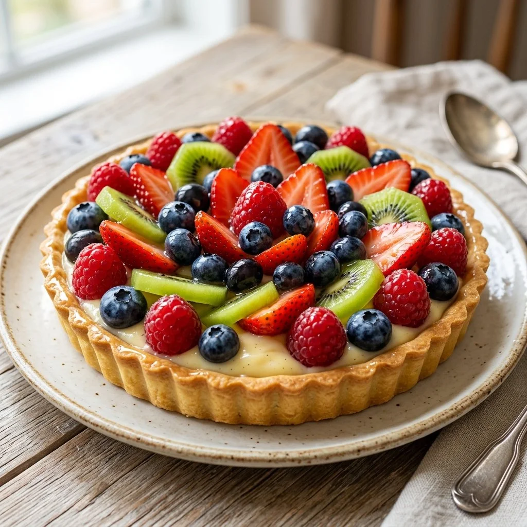 Delicious classic fruit tart topped with fresh seasonal fruits and glaze