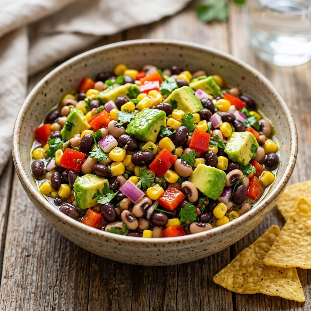 A bowl of colorful Cowboy Caviar dip with fresh vegetables and beans.