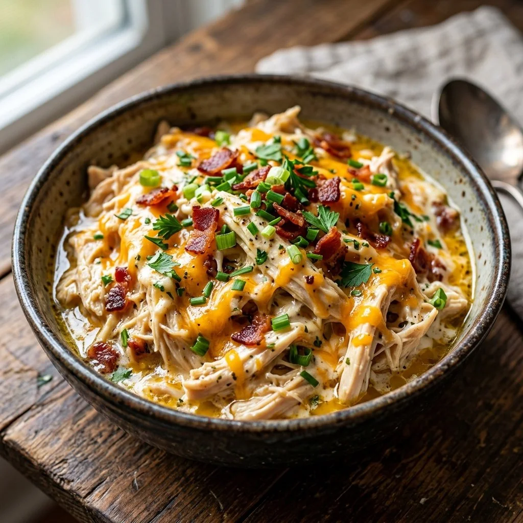 Delicious plate of Crack Chicken featuring shredded chicken in a creamy sauce