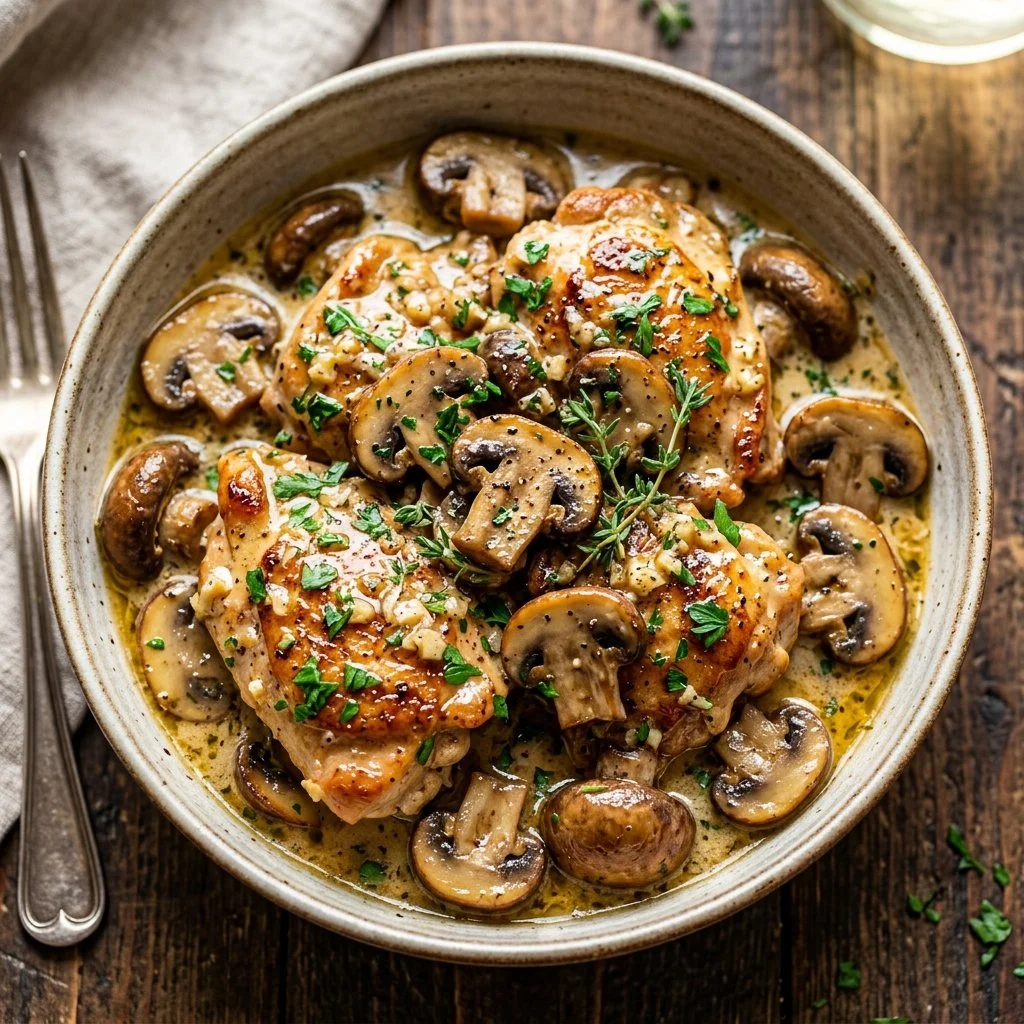 Creamy garlic mushroom chicken served on a plate, garnished with herbs