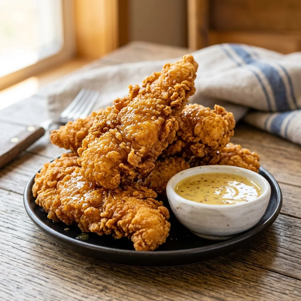 Plate of crispy chicken tenders, golden and perfectly fried.
