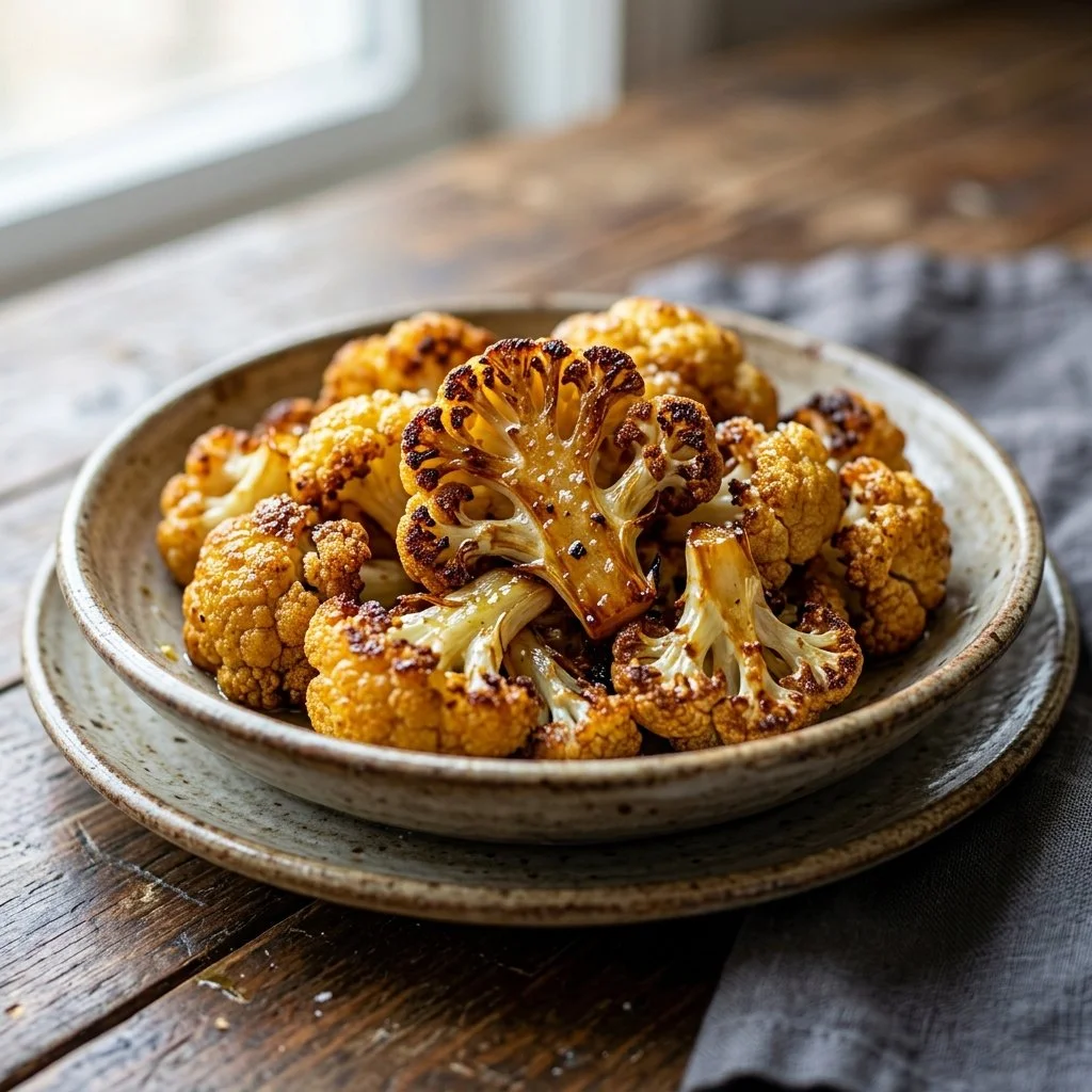 Crispy roasted cauliflower on a plate garnished with herbs