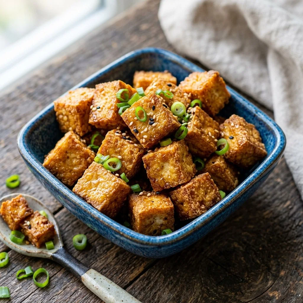 Delicious crispy tofu cubes served on a plate with vegetables