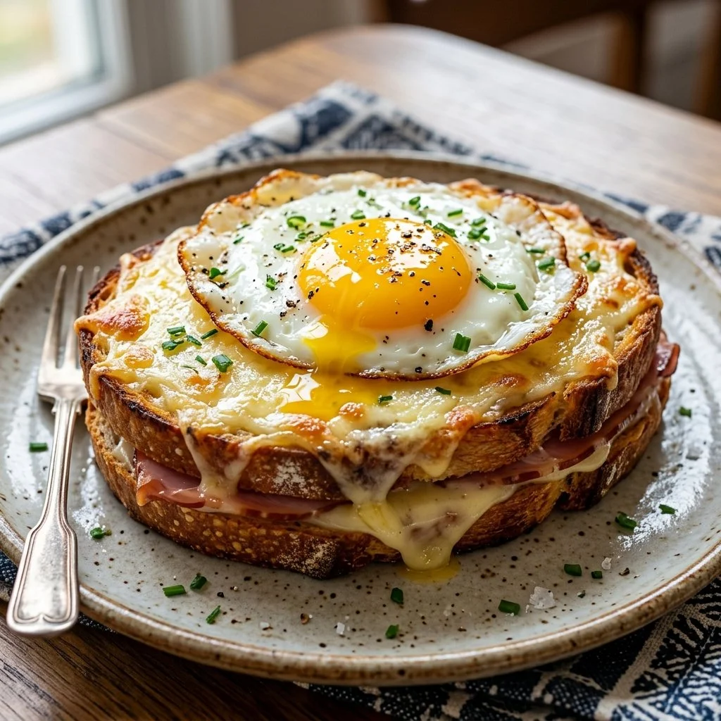 Delicious Croque Madame with ham, cheese, and a fried egg on top