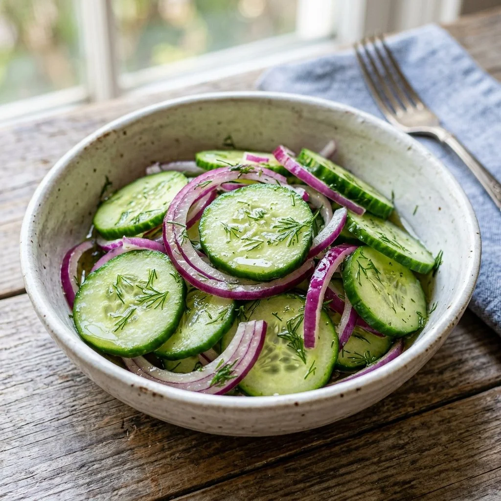 Fresh Cucumber Onion Salad served in a bowl with herbs and dressing
