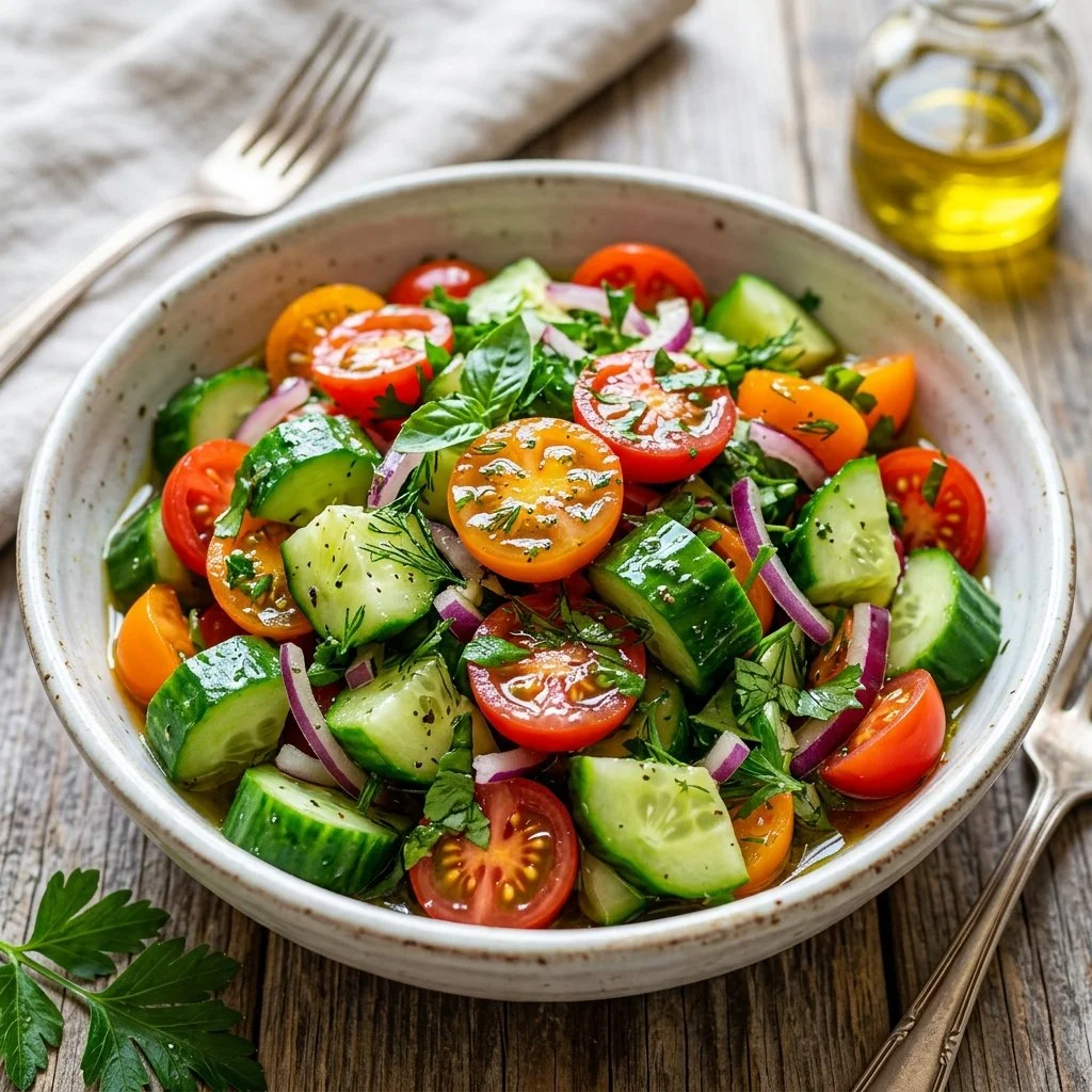 Fresh cucumber tomato salad with vibrant vegetables and dressing