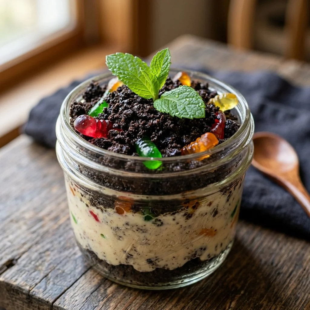 Delicious Dirt Pudding dessert with chocolate, gummy worms, and crushed cookies.