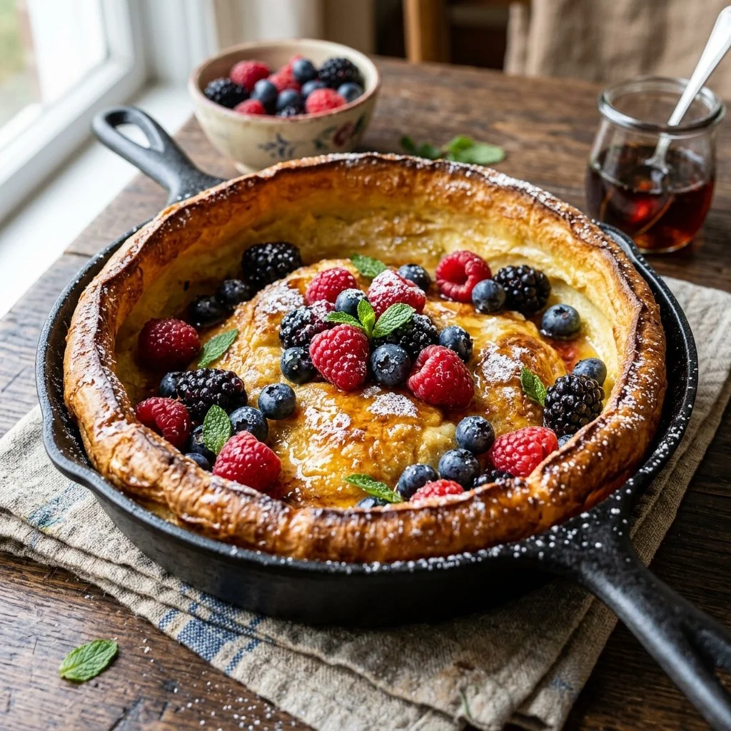 Deliciously puffed Dutch Baby Pancake served with fresh fruit and powdered sugar