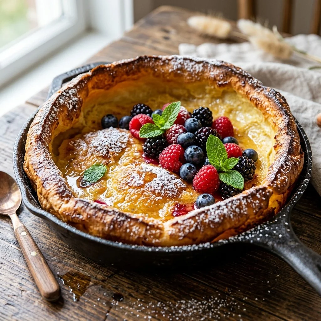 Fluffy Dutch Baby Pancake served with powdered sugar and fresh berries