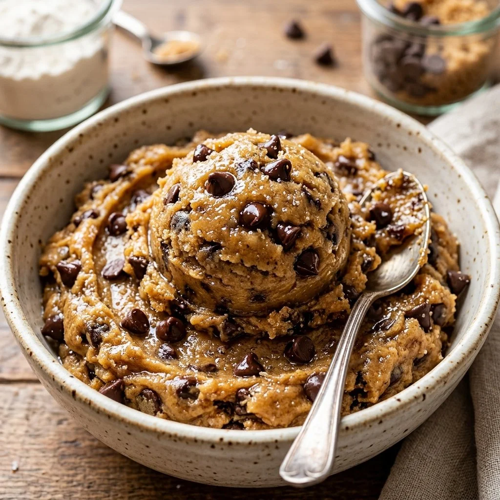 Delicious bowl of edible cookie dough with chocolate chips and sprinkles