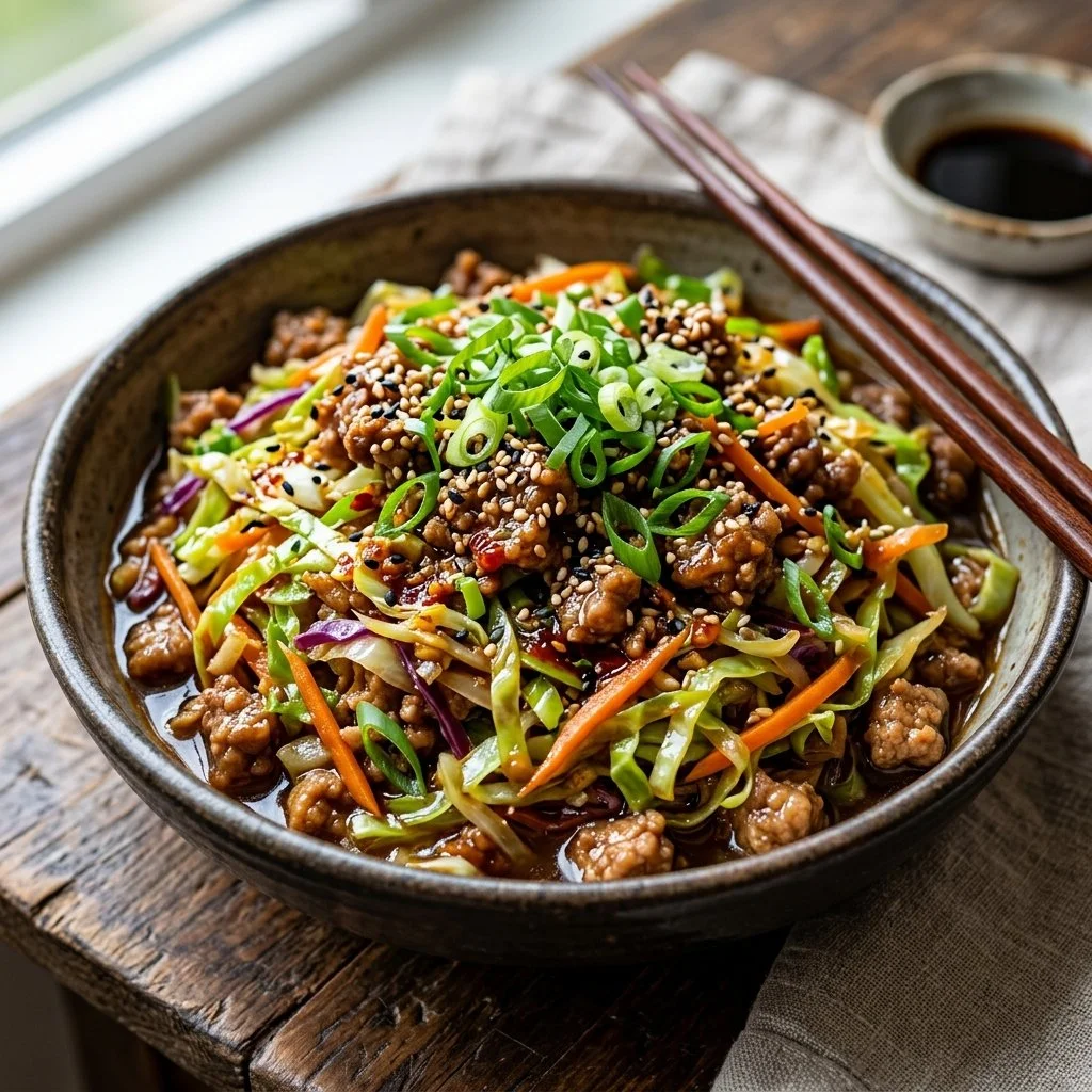 Delicious egg roll in a bowl served with fresh vegetables and savory sauces