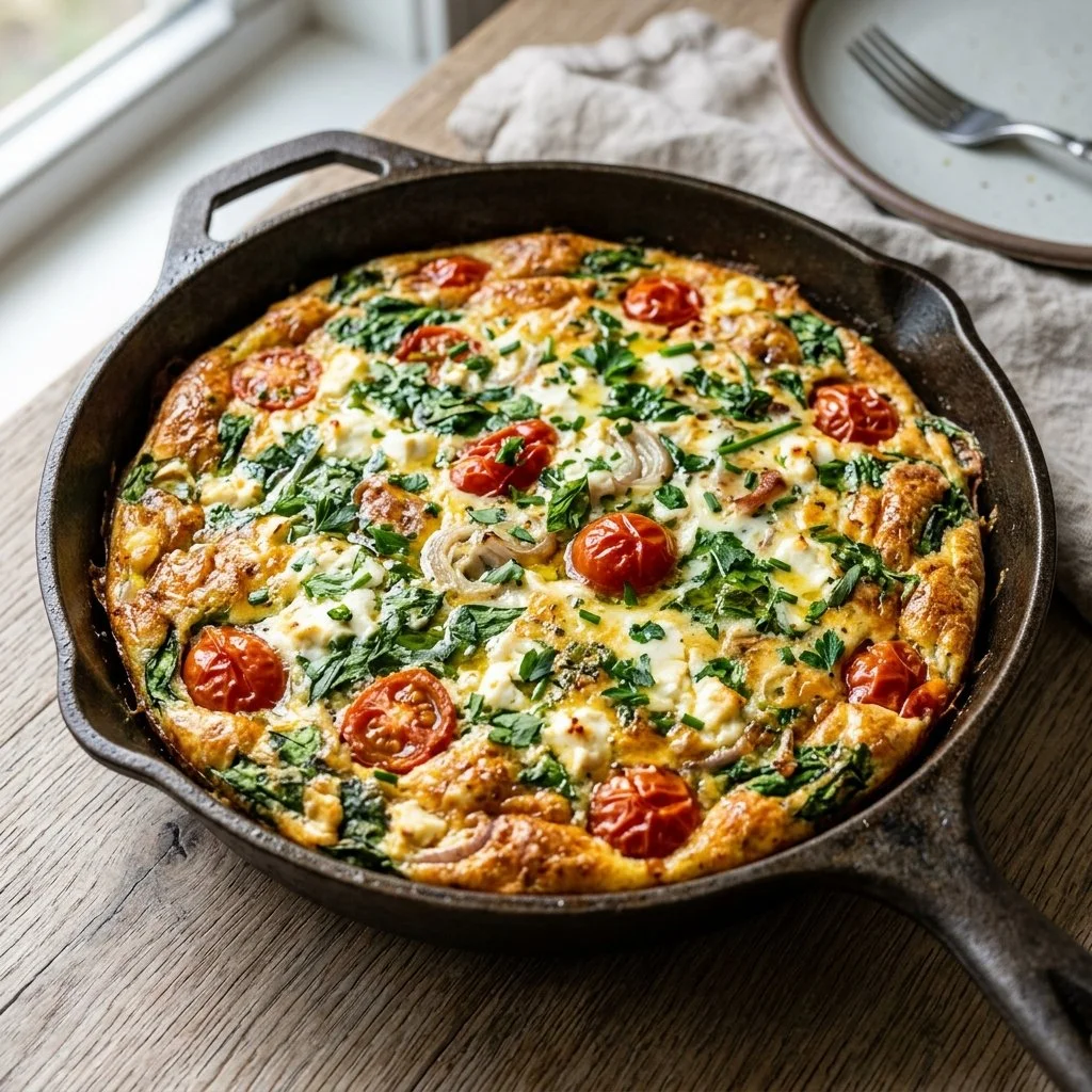 Delicious Egg White Frittata topped with fresh vegetables and herbs.