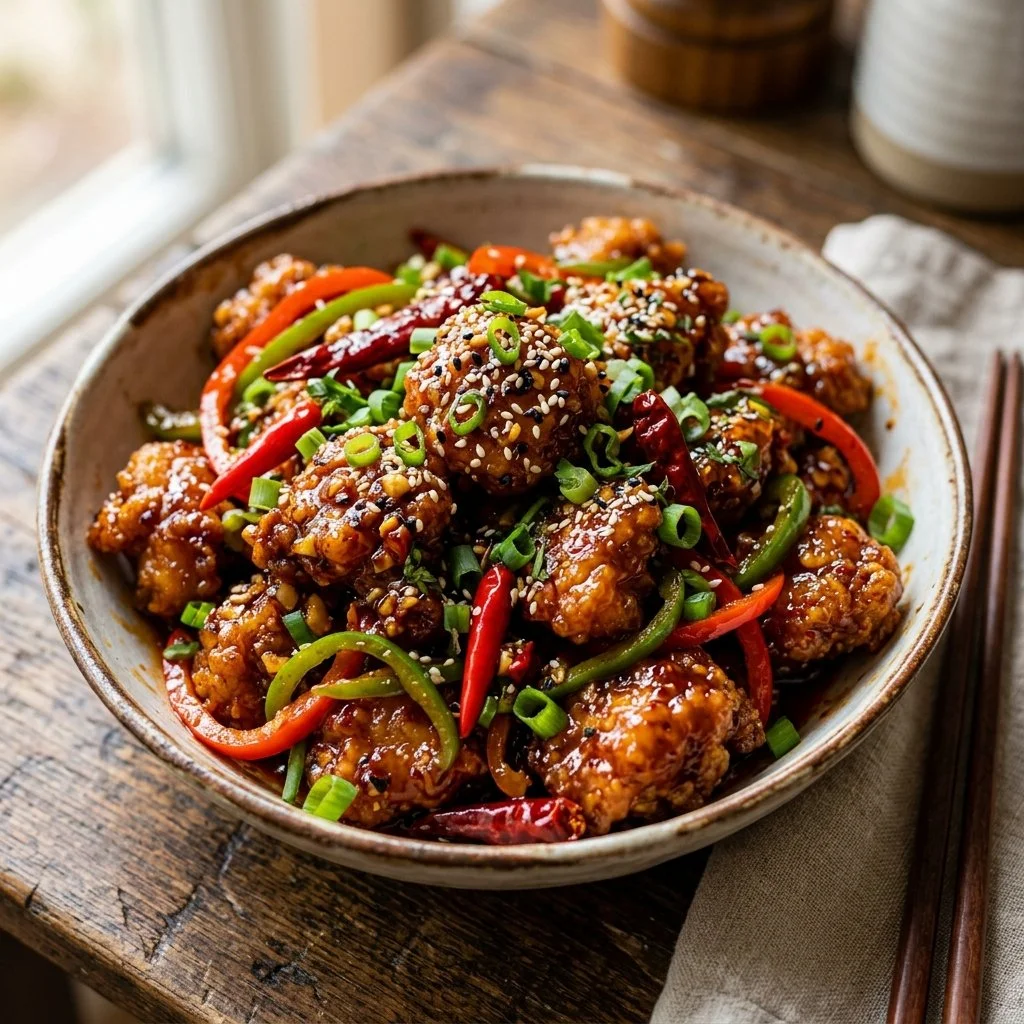 Delicious Firecracker Chicken dish garnished with herbs and served with rice