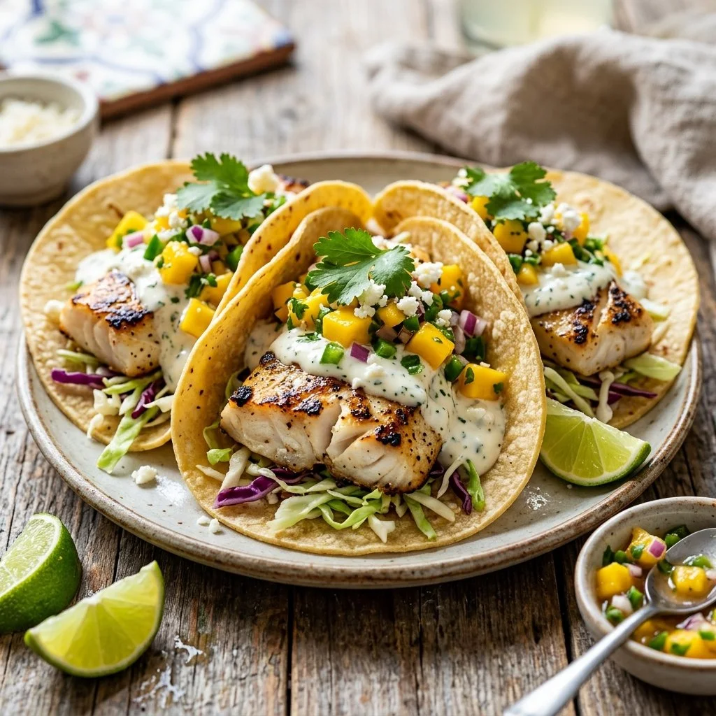 Delicious fish tacos garnished with fresh vegetables and lime on a plate.