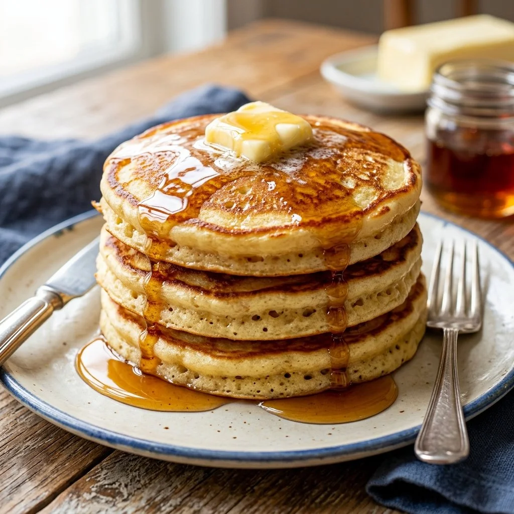 Stack of fluffy buttermilk pancakes topped with syrup and berries