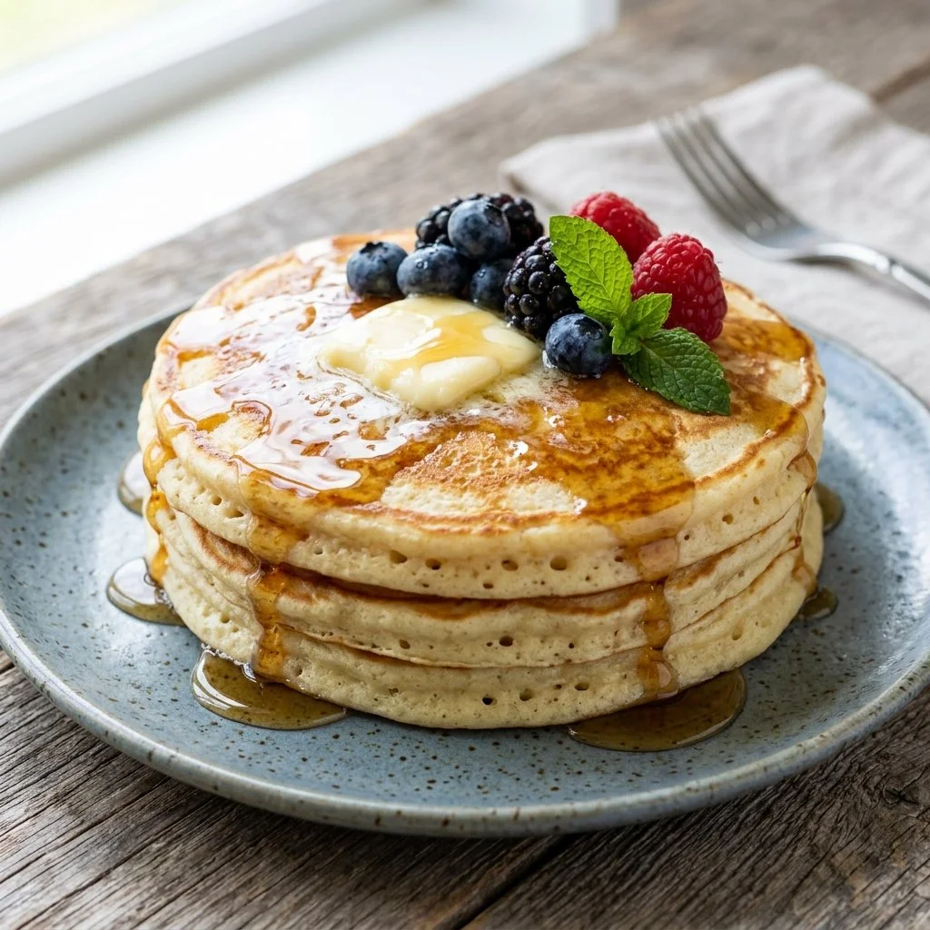 Delicious fluffy buttermilk pancakes stacked on a plate with syrup and berries.