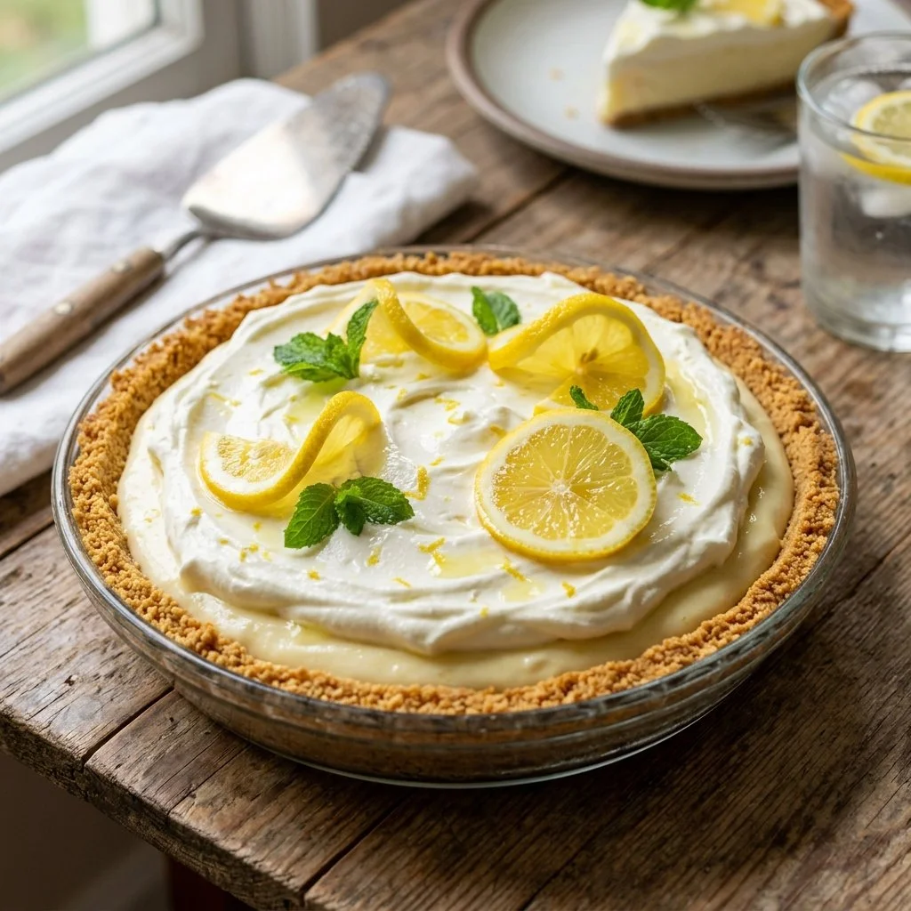 Delicious frozen lemonade pie topped with whipped cream and lemon slices