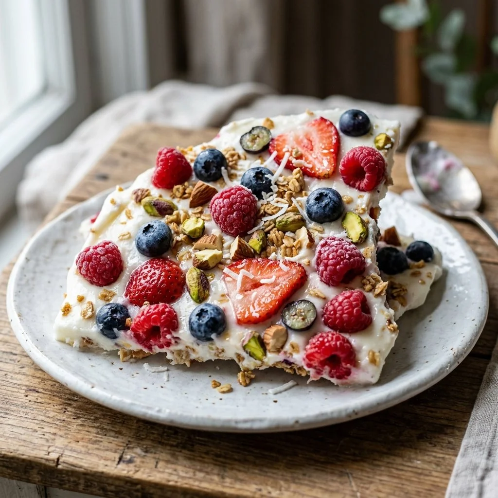 Delicious frozen yogurt bark topped with fruits and nuts